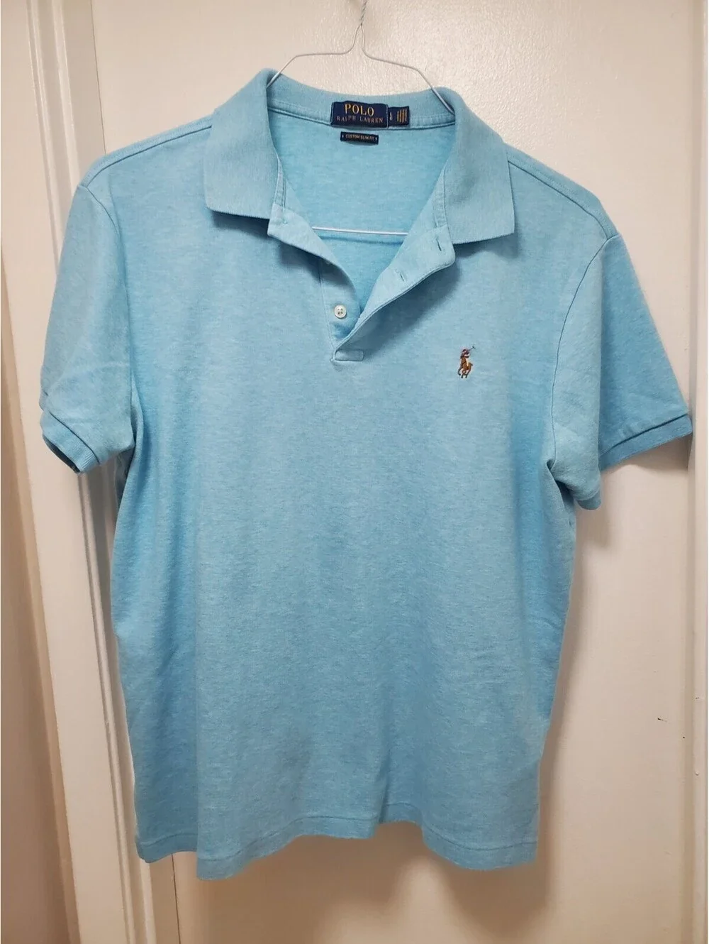 Polo Ralph Lauren Mens L Custom Slim Fit Lt Blue Heather Pony Polo Shirt Cotton